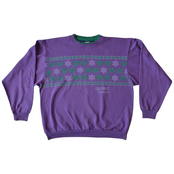 Vintage Quebec Canada Purple Sweatshirt Snowflake Graphic Crewneck Large - Picture 1 of 7